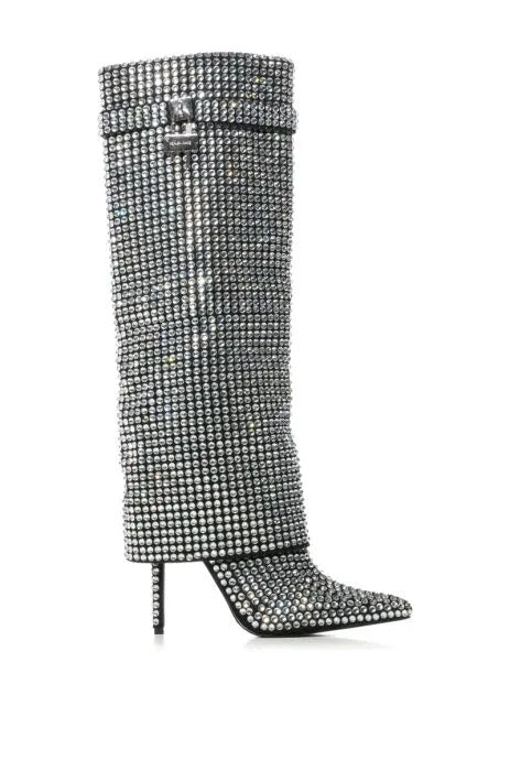 Silver Rhinestone Knee-High Women's Stiletto Boots