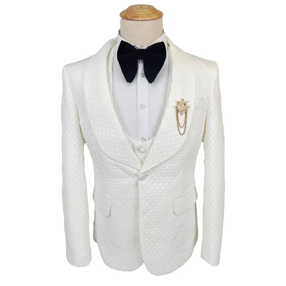 Men's White Patterned Suit with Bow Tie