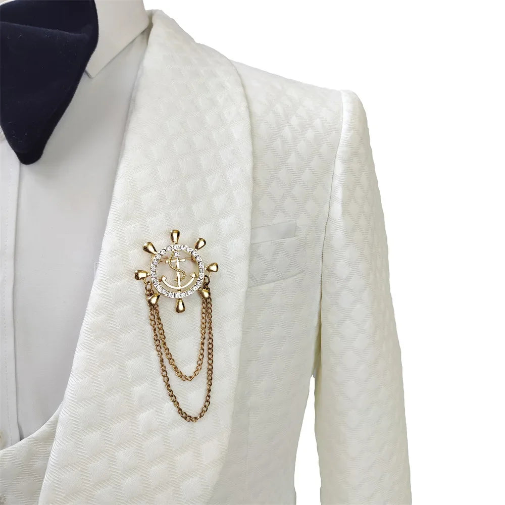 Men's White Patterned Suit with Bow Tie