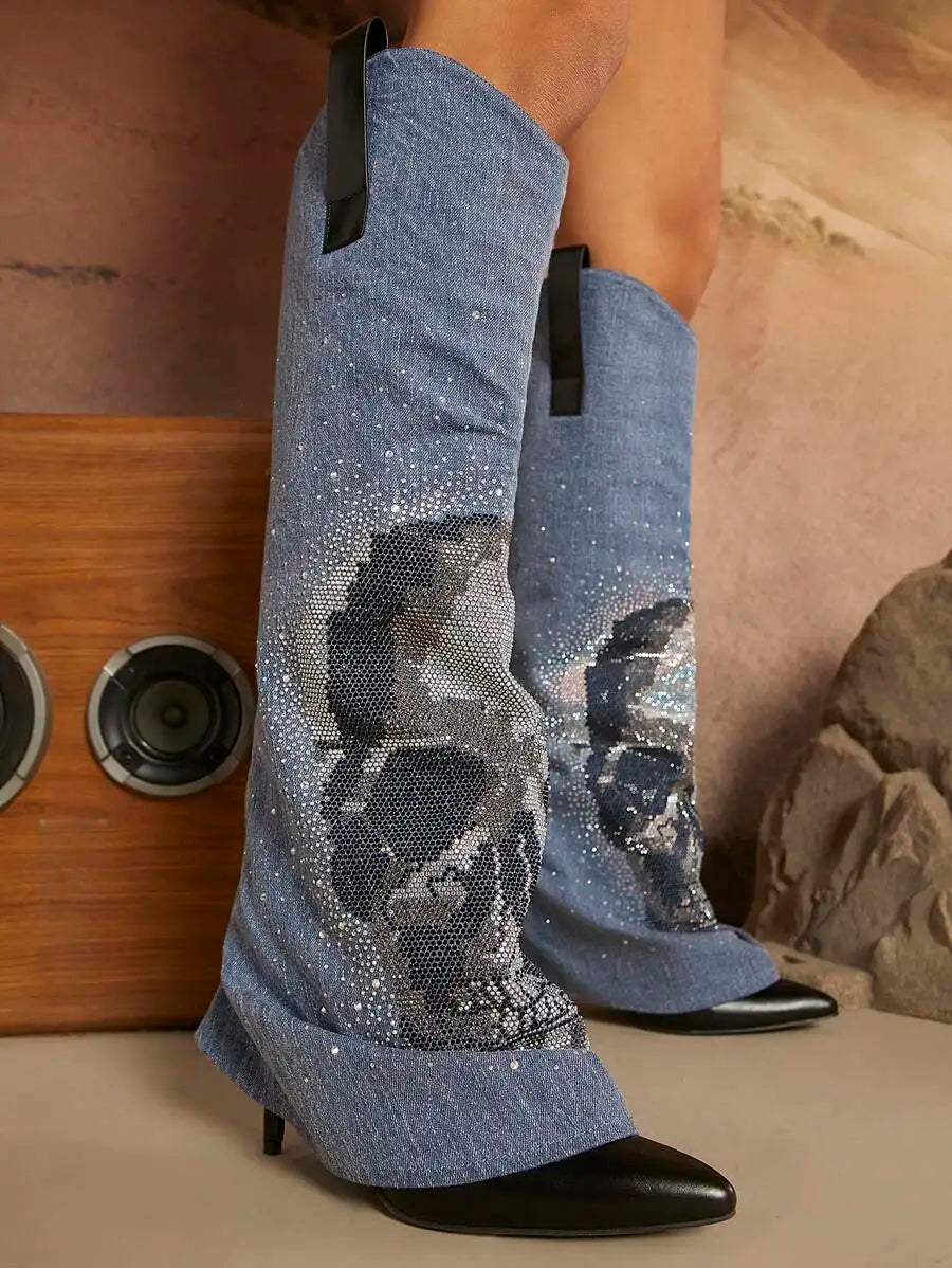 Denim Thigh-High Boots with Crystal