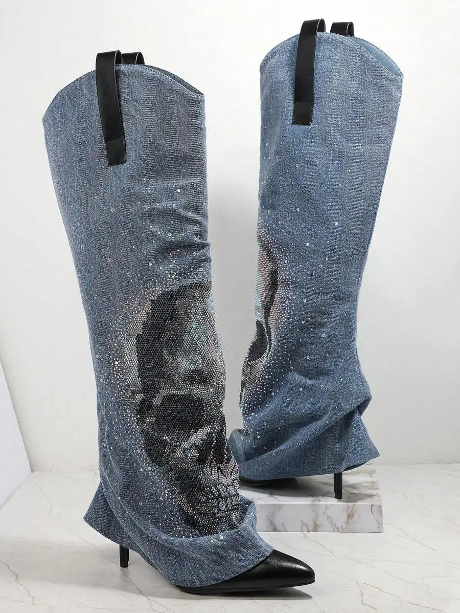 Denim Thigh-High Boots with Crystal