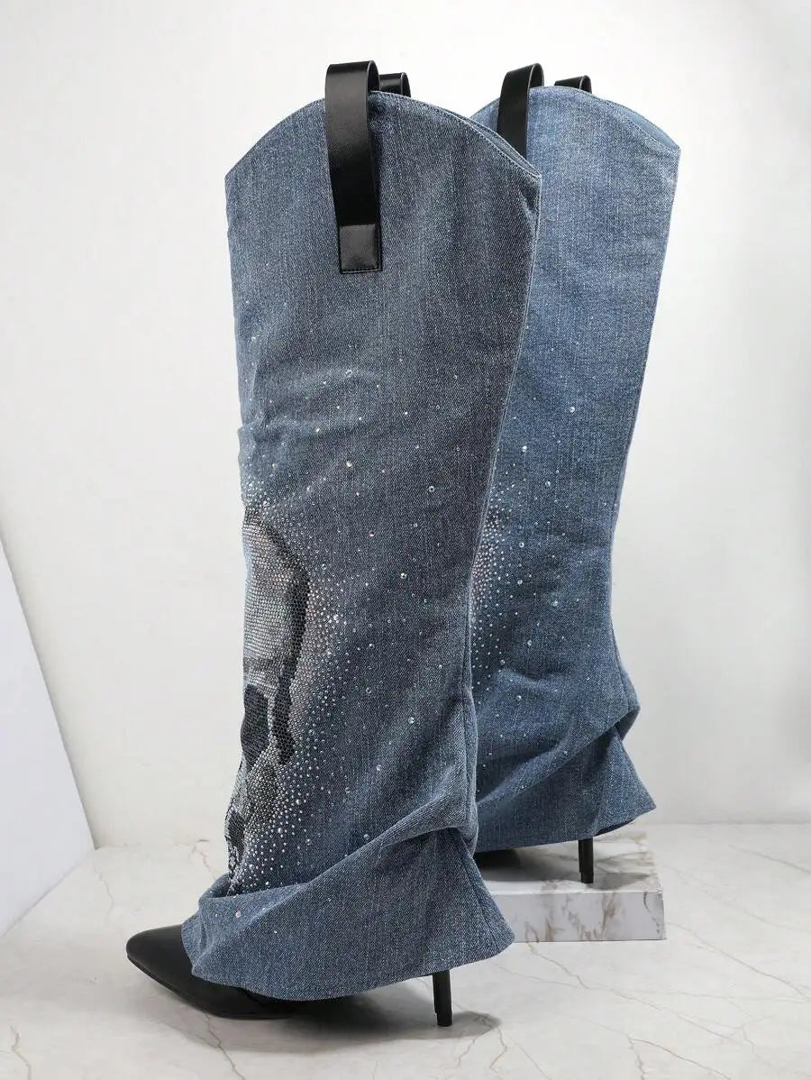 Denim Thigh-High Boots with Crystal