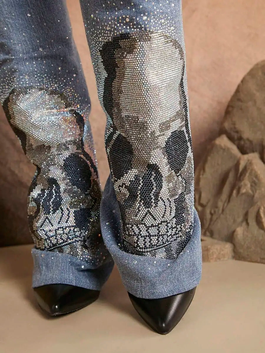 Denim Thigh-High Boots with Crystal