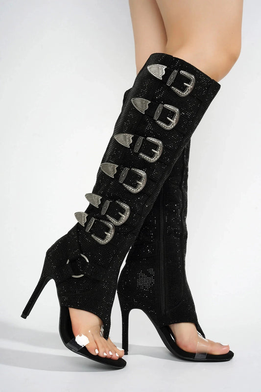 Crystal-Embellished Knee-High Open-Toe Boots with Buckle Straps