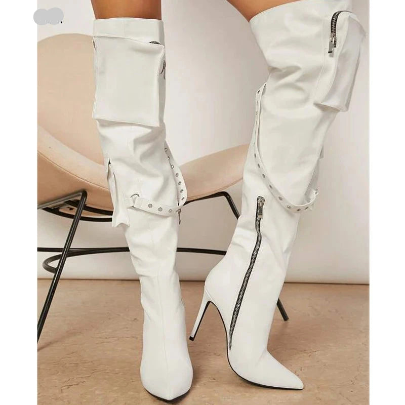 Knee-High Boots with Pocket Details and Stiletto Heel