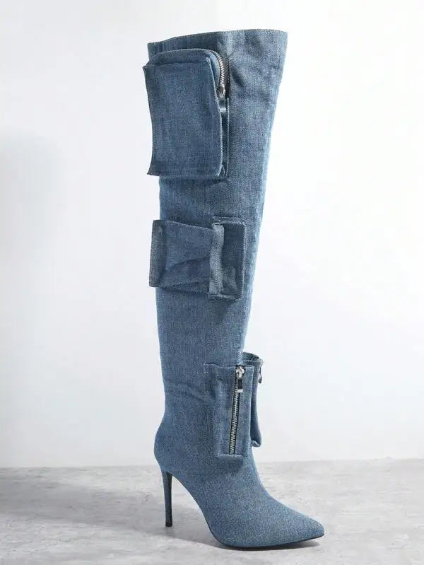 Knee-High Boots with Pocket Details and Stiletto Heel