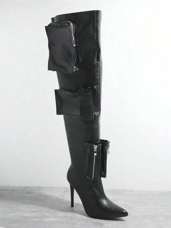 Knee-High Boots with Pocket Details and Stiletto Heel