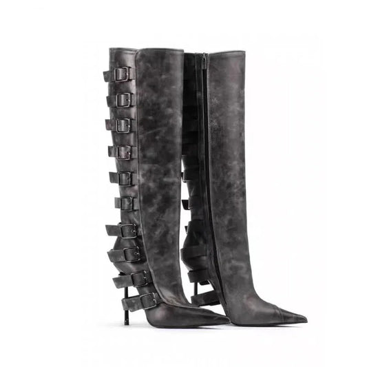 Buckle-Strap Boots with Metallic Stiletto Heel