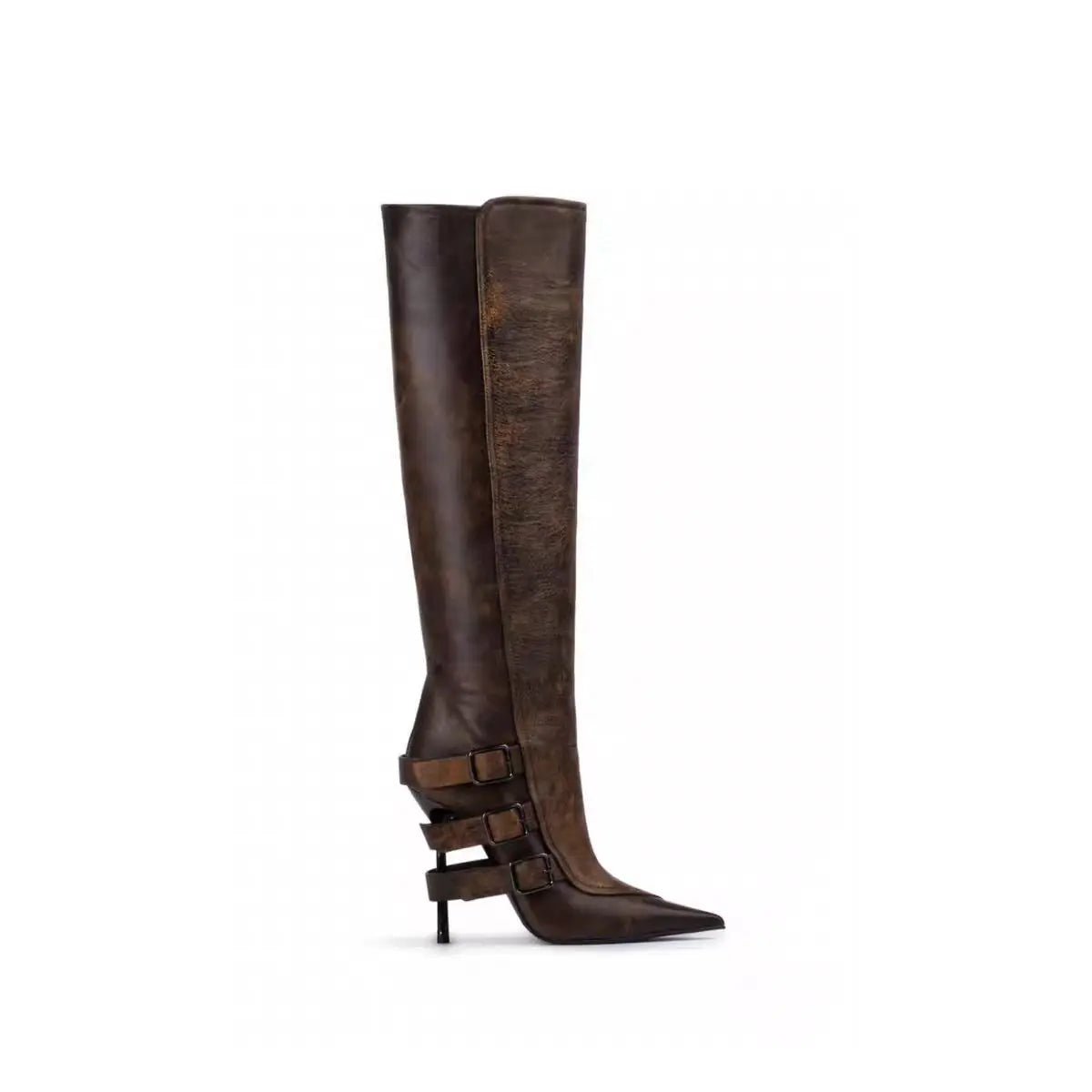 Buckle-Strap Boots with Metallic Stiletto Heel