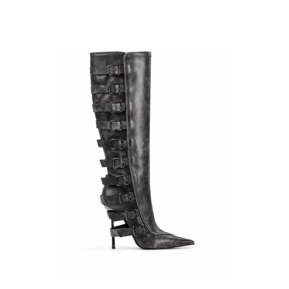 Buckle-Strap Boots with Metallic Stiletto Heel