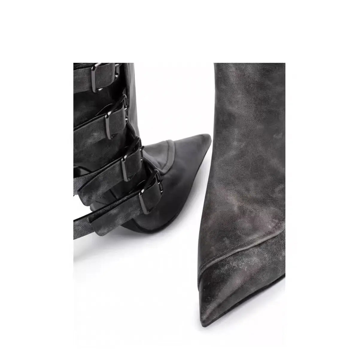 Buckle-Strap Boots with Metallic Stiletto Heel