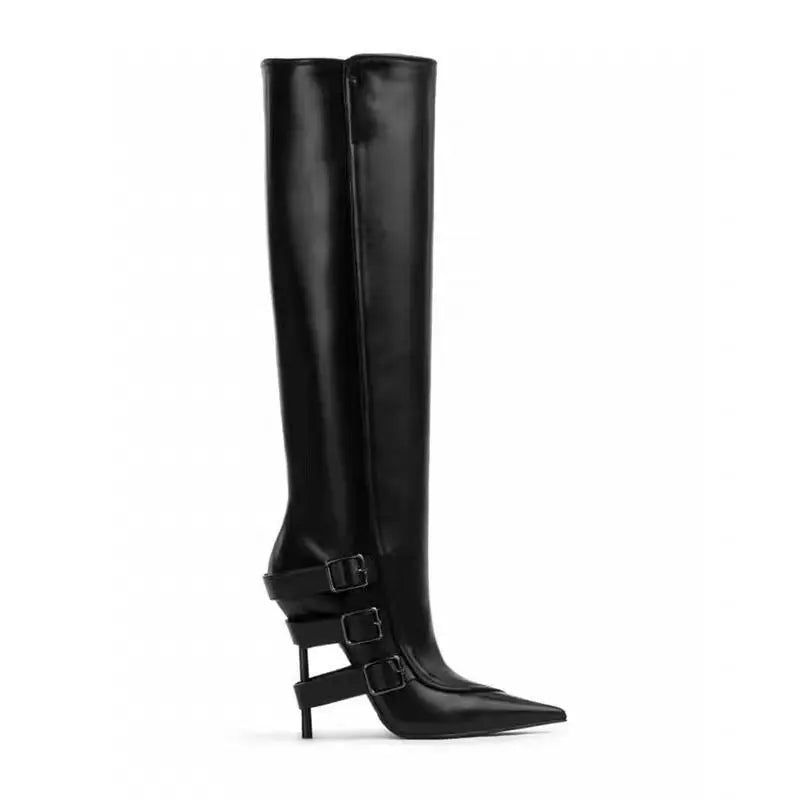 Buckle-Strap Boots with Metallic Stiletto Heel