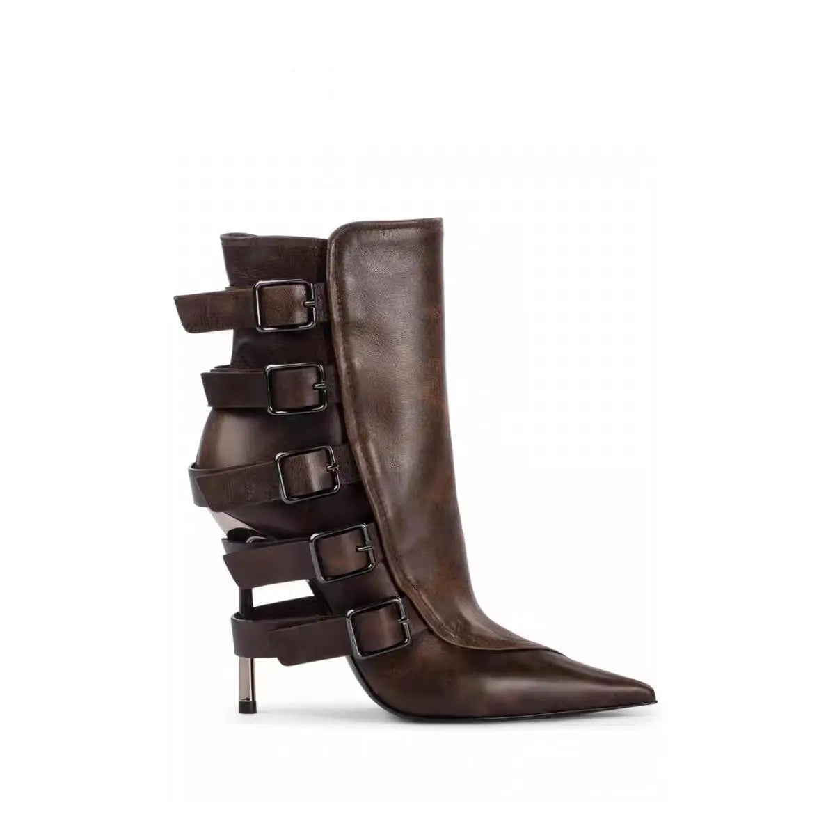 Buckle-Strap Boots with Metallic Stiletto Heel