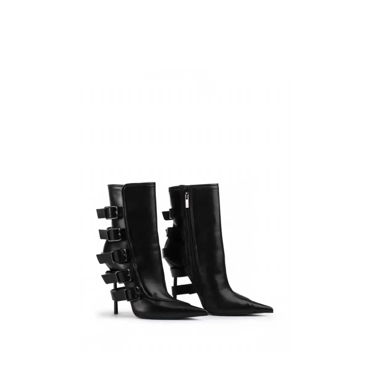 Buckle-Strap Boots with Metallic Stiletto Heel