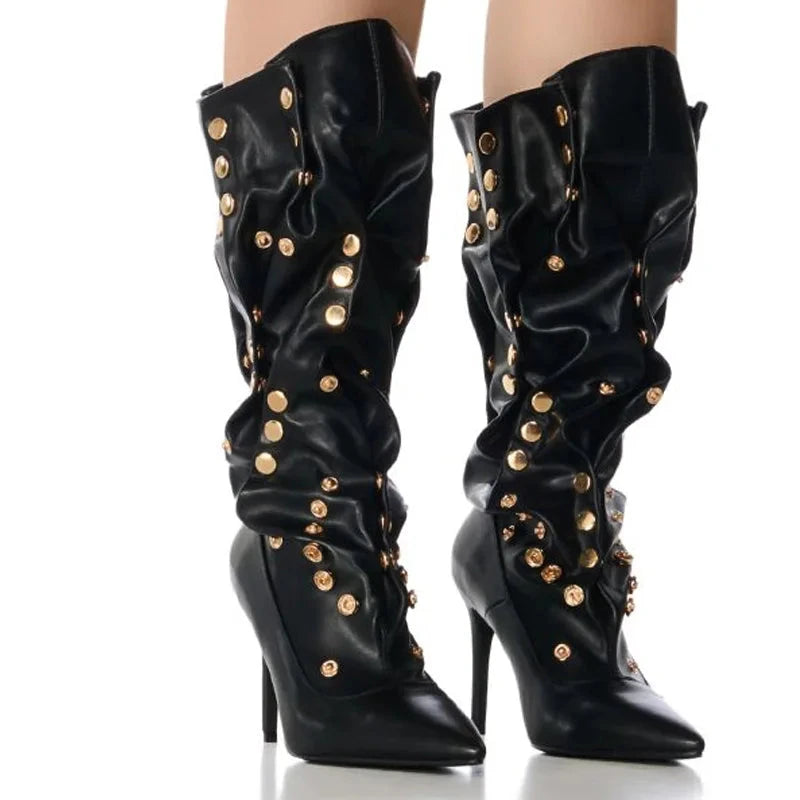 Black Knee-High Boots with Gold Studs and Stiletto Heel