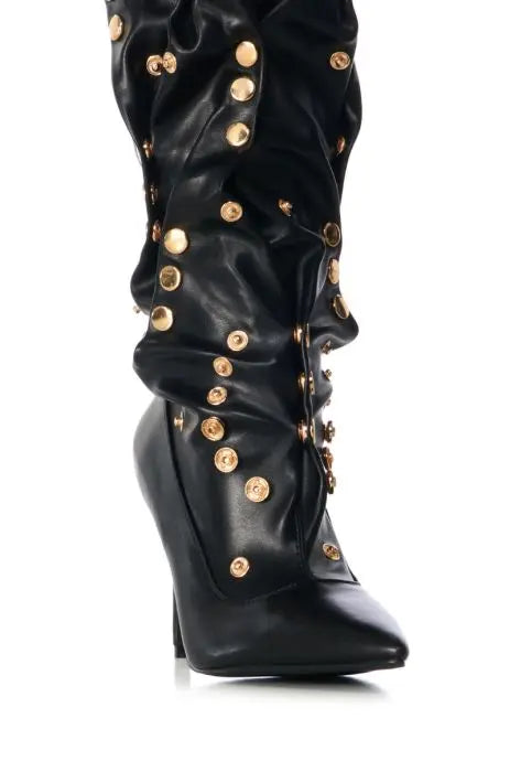 Black Knee-High Boots with Gold Studs and Stiletto Heel