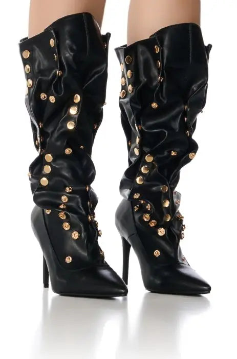 Black Knee-High Boots with Gold Studs and Stiletto Heel