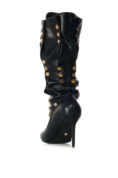 Black Knee-High Boots with Gold Studs and Stiletto Heel