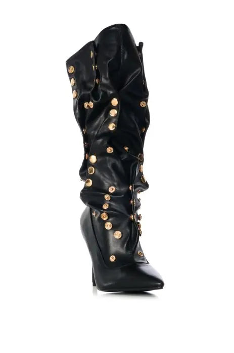 Black Knee-High Boots with Gold Studs and Stiletto Heel