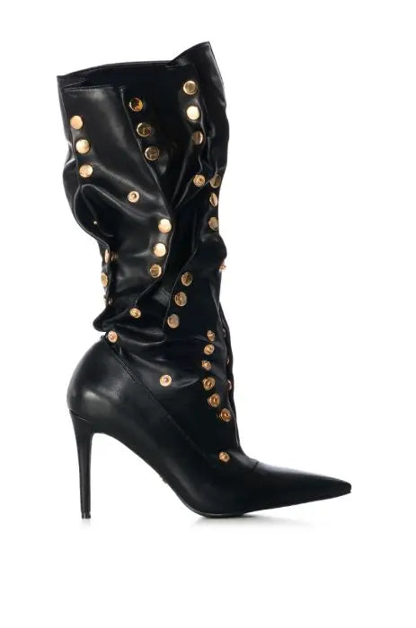 Black Knee-High Boots with Gold Studs and Stiletto Heel