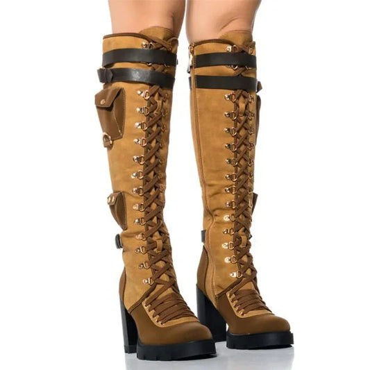 Brown Knee-High Boots with Straps and Gold Buckle Accents