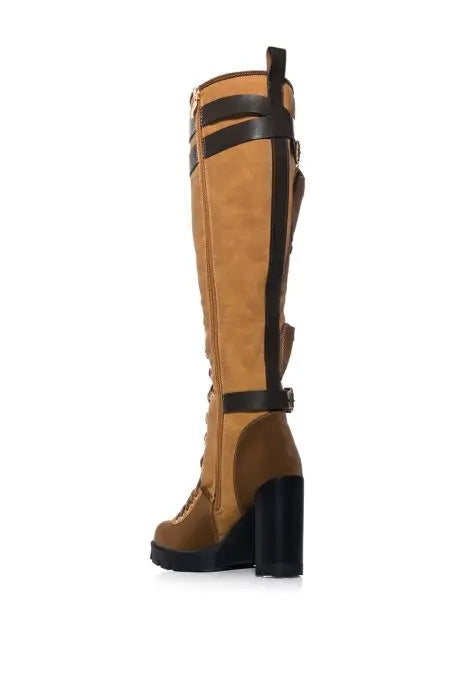 Brown Knee-High Boots with Straps and Gold Buckle Accents