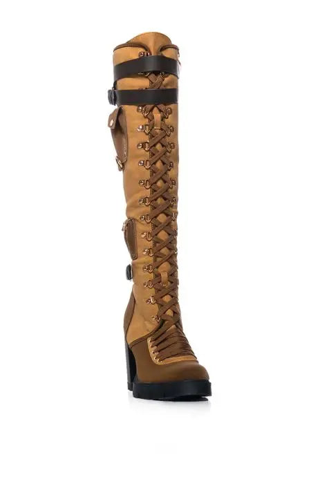 Brown Knee-High Boots with Straps and Gold Buckle Accents