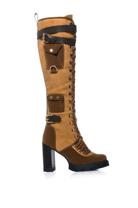 Brown Knee-High Boots with Straps and Gold Buckle Accents