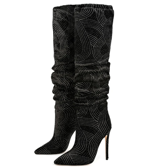 Black Slouch Boots with Silver Geometric Pattern and Stiletto Heel