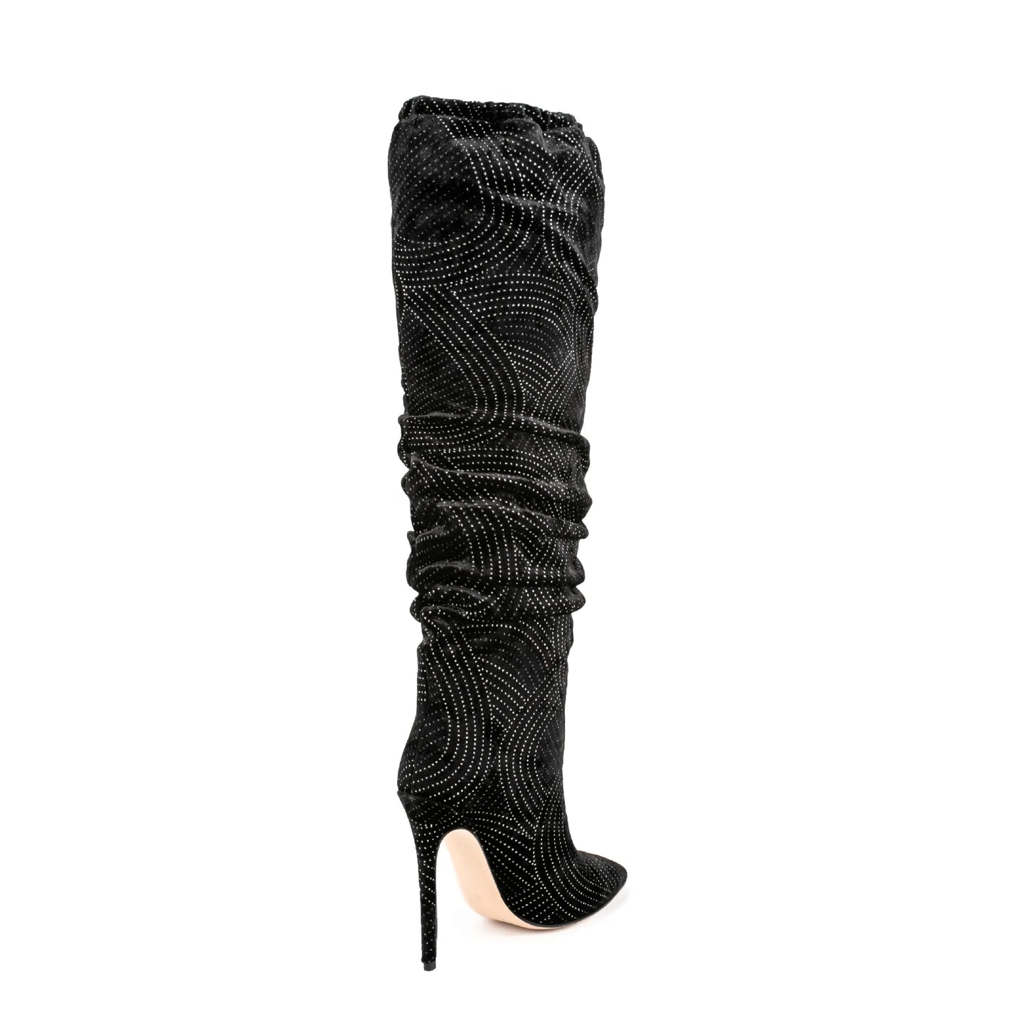 Black Slouch Boots with Silver Geometric Pattern and Stiletto Heel