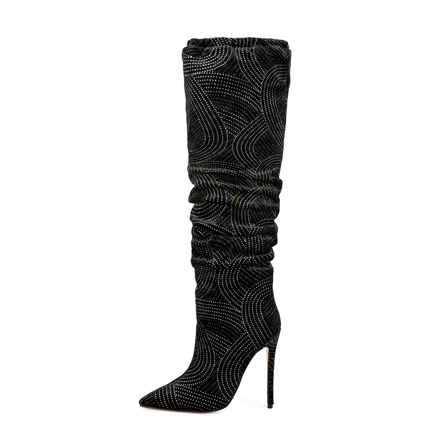 Black Slouch Boots with Silver Geometric Pattern and Stiletto Heel