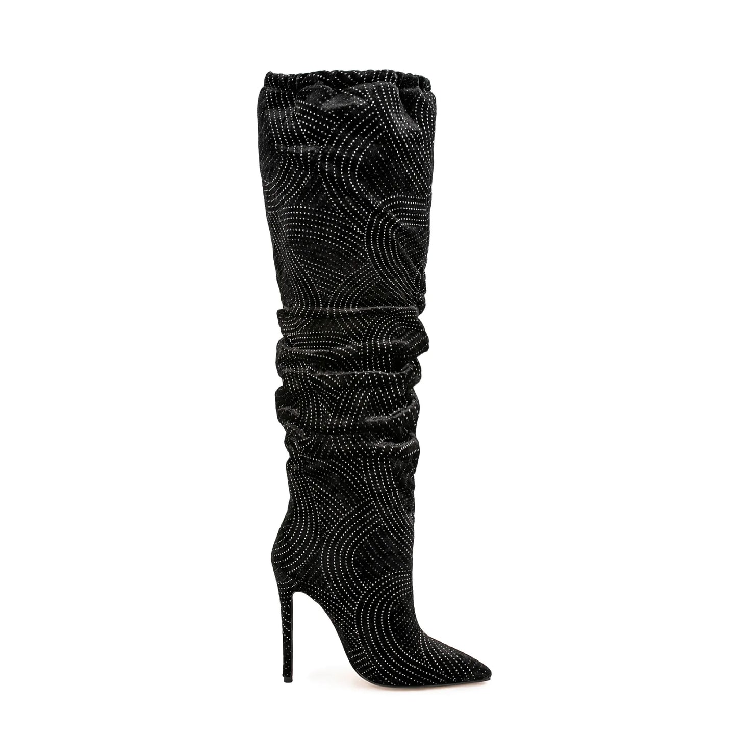 Black Slouch Boots with Silver Geometric Pattern and Stiletto Heel