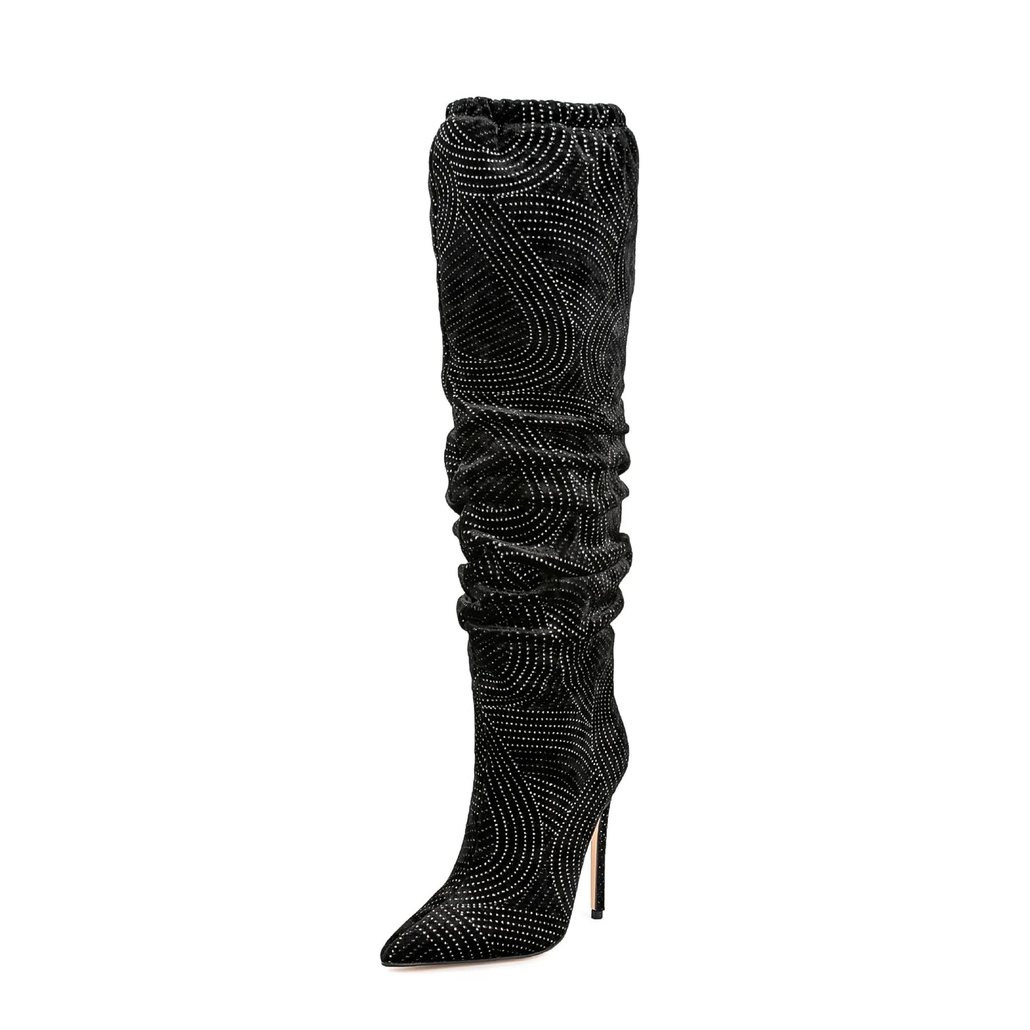 Black Slouch Boots with Silver Geometric Pattern and Stiletto Heel