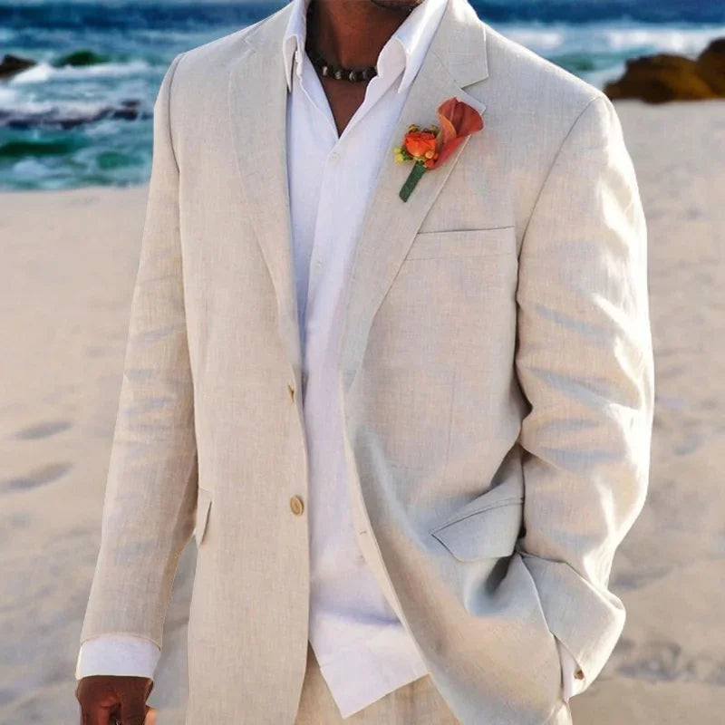 Beige Linen Wedding Suits For Men Beach