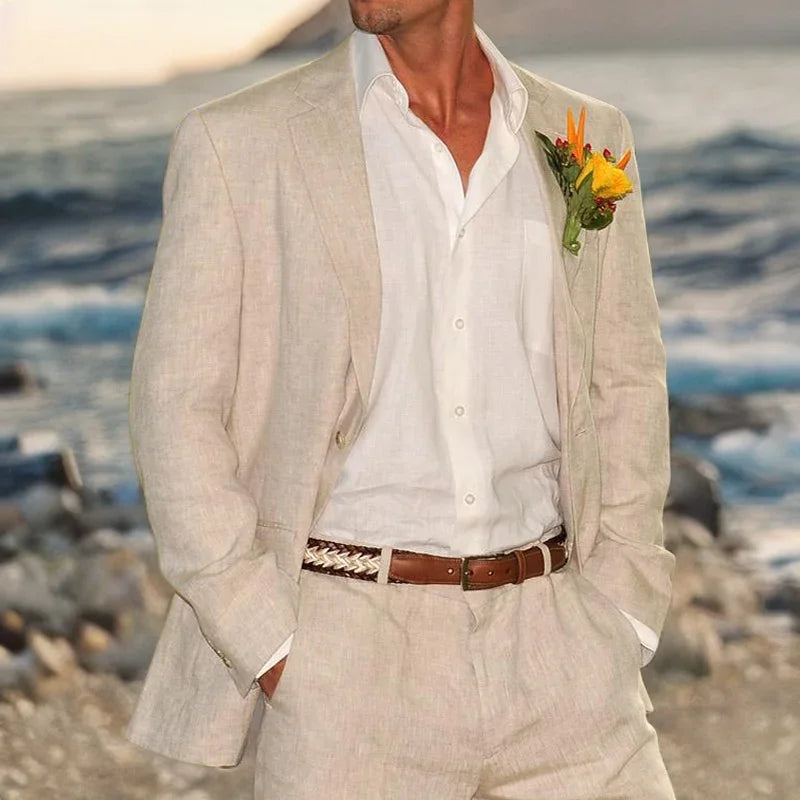 Beige Linen Wedding Suits For Men Beach