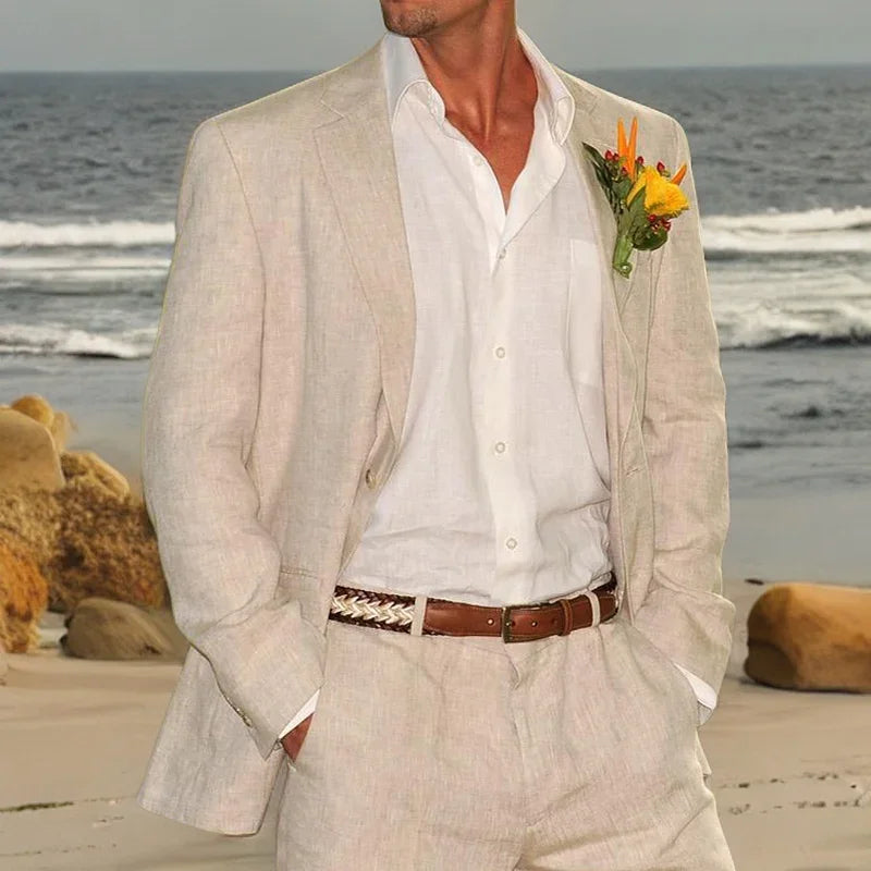 Beige Linen Wedding Suits For Men Beach