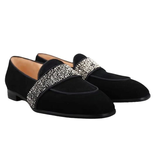 Black Men Velvet Loafers Luxury Rhinestone Shoes Handmade Slip On Dress Shoes