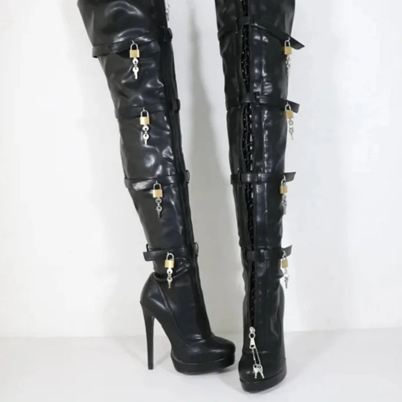 Black Over Knee High Lock Decor Boots Thin High Heel Lace Up Cool Woman Shoes