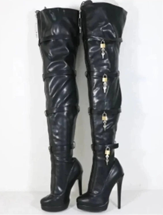 Black Over Knee High Lock Decor Boots Thin High Heel Lace Up Cool Woman Shoes