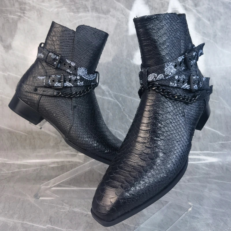 Buckle Strap Men's Leather Ankle Boots Crocodile Chain Print Black Shoes