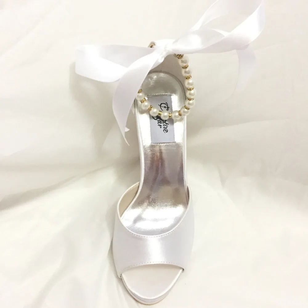 Elegant Satin Open Toe Pumps with Pearl Beads Ankle Strap