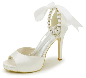 Elegant Satin Open Toe Pumps with Pearl Beads Ankle Strap