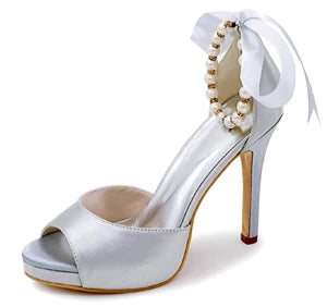 Elegant Satin Open Toe Pumps with Pearl Beads Ankle Strap