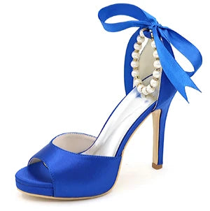 Elegant Satin Open Toe Pumps with Pearl Beads Ankle Strap