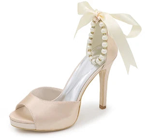 Elegant Satin Open Toe Pumps with Pearl Beads Ankle Strap