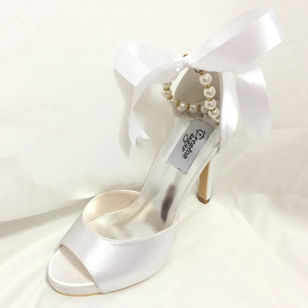 Elegant Satin Open Toe Pumps with Pearl Beads Ankle Strap