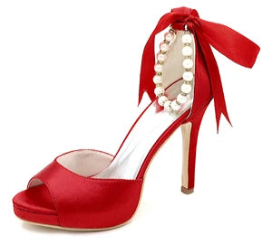 Elegant Satin Open Toe Pumps with Pearl Beads Ankle Strap