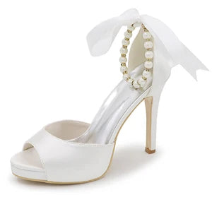 Elegant Satin Open Toe Pumps with Pearl Beads Ankle Strap