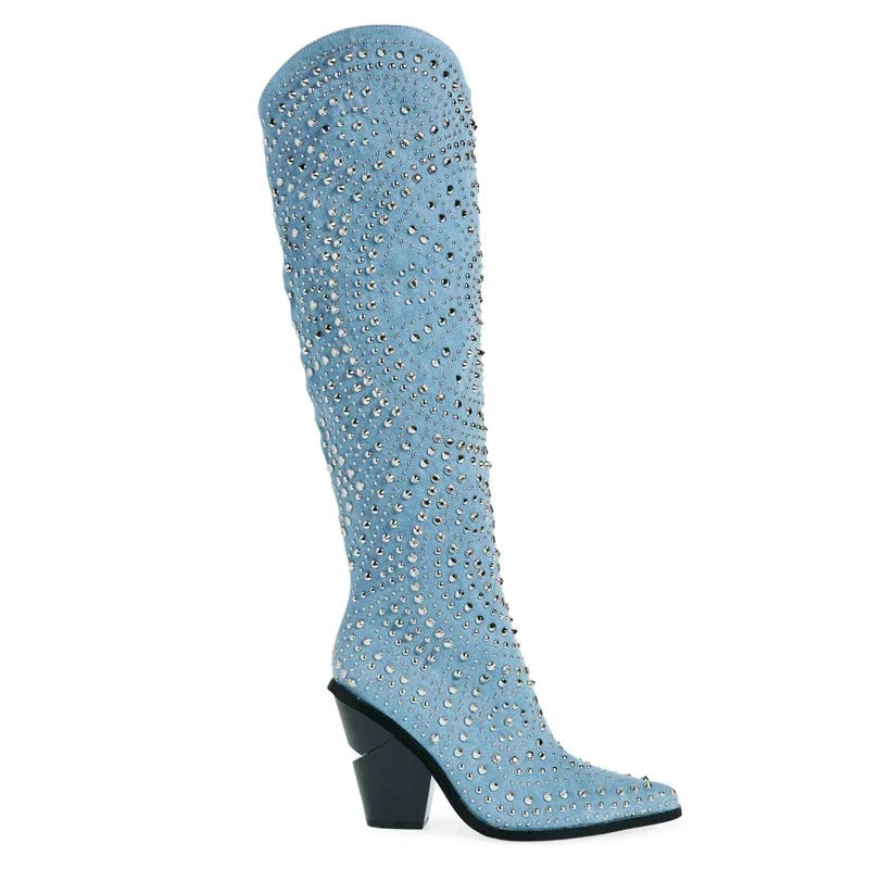 Light Blue Crystal-Embellished Knee-High Women Boots