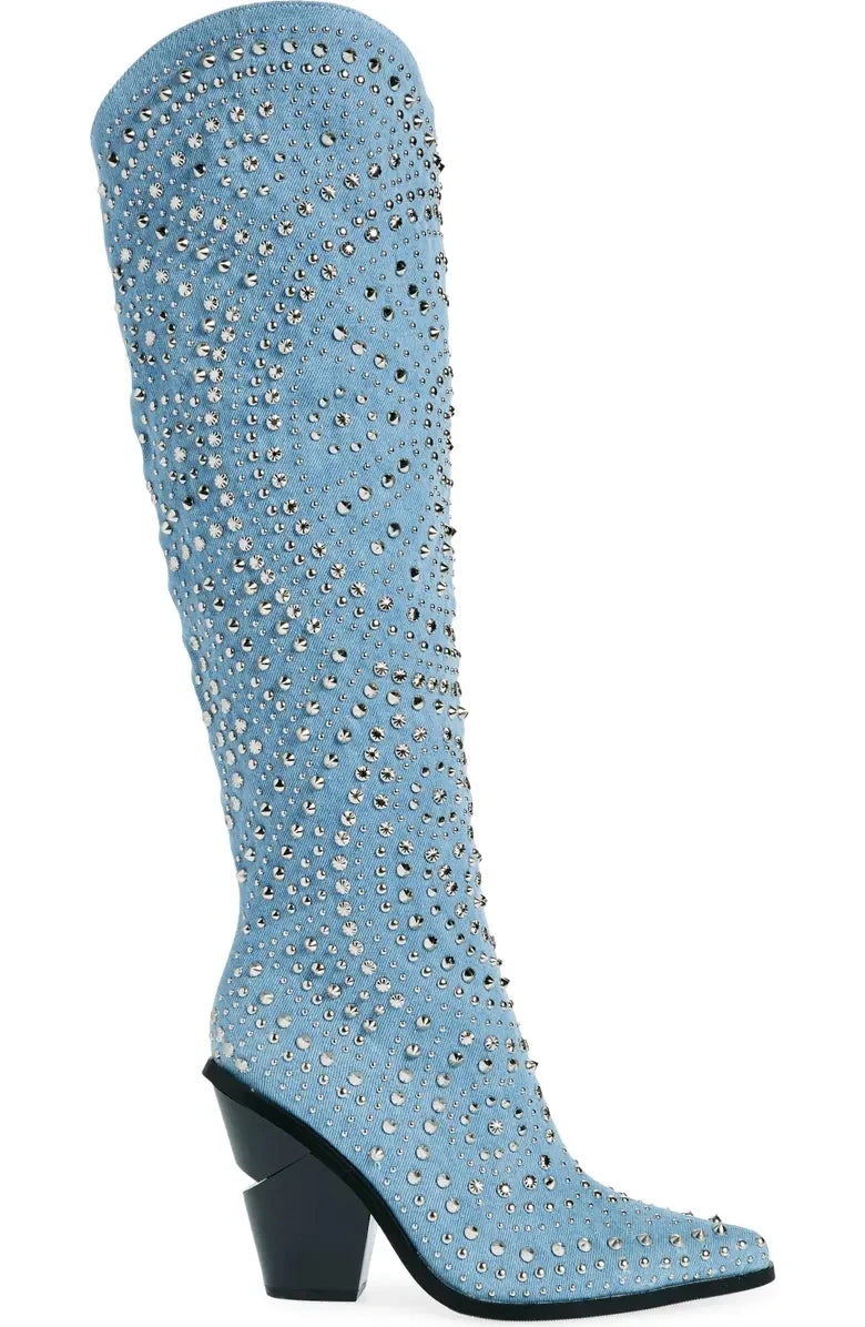 Light Blue Crystal-Embellished Knee-High Women Boots